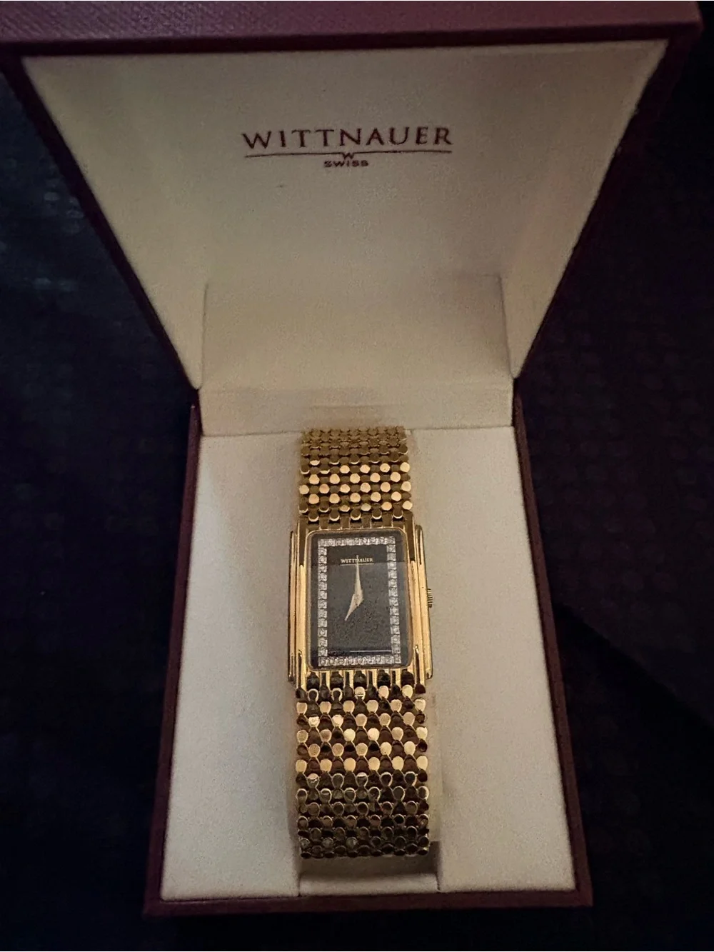 Wittnauer Gold Tone Bracelet Watch with Black Dial and Crystal Accents